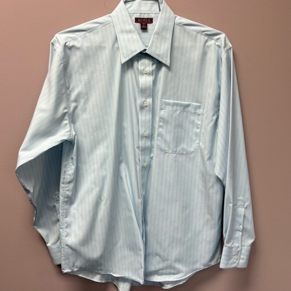 Red House Mens Light Blue Pinstripe Dress Shirt Non Iron Point Collar Large L
